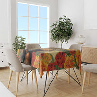 Rectangular tablecloth with bold red, yellow, and green floral pattern on dark background