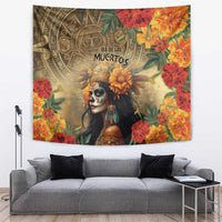 Dia de los Muertos tapestry with ornate skull woman, gold Aztec patterns, orange flowers