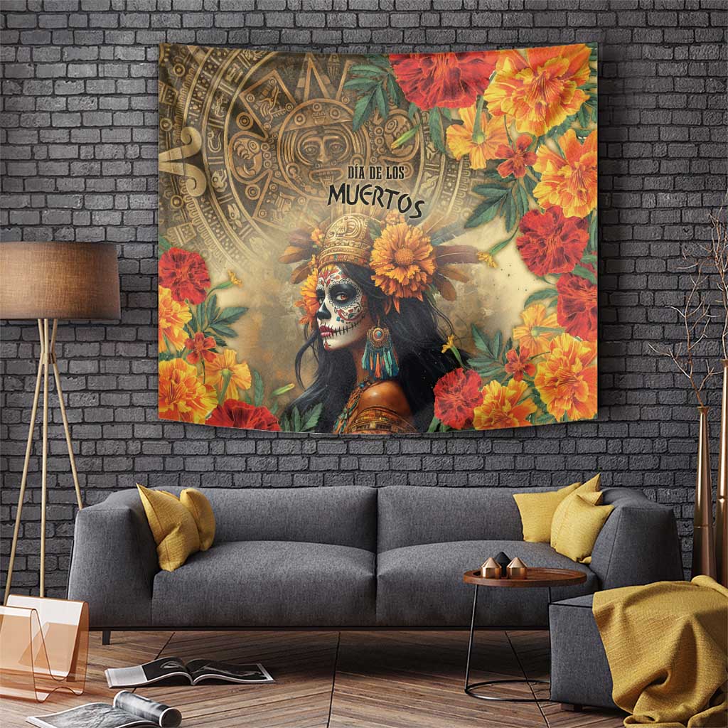 Dia de los Muertos tapestry with skull woman, golden patterns, red-orange flowers and leaves