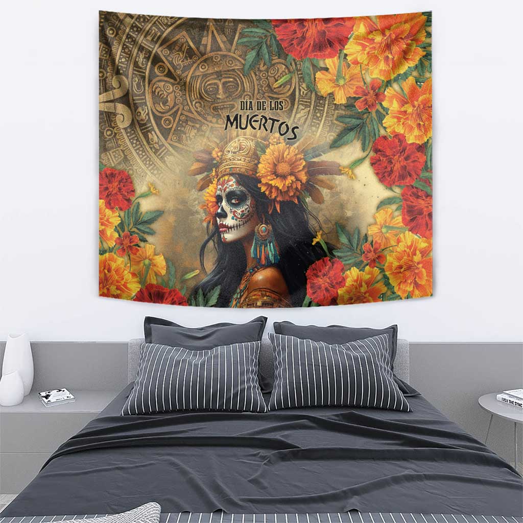 Dia de los Muertos wall tapestry with skull woman portrait, golden headpiece and floral border