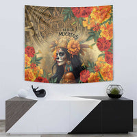 Dia de los Muertos tapestry with skull woman center, Aztec-style medallion and orange blooms