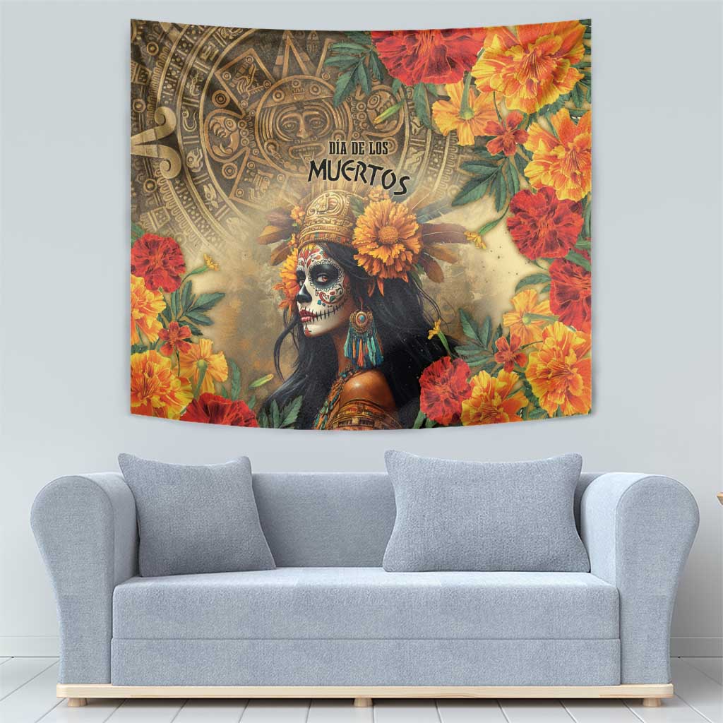 Dia de los Muertos tapestry featuring skull woman with headdress and bright orange flowers