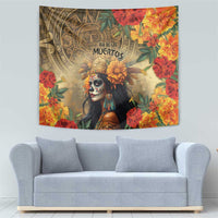 Dia de los Muertos tapestry featuring skull woman with headdress and bright orange flowers