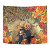 Dia de los Muertos tapestry close-up: skull woman face with gold headdress and orange flowers