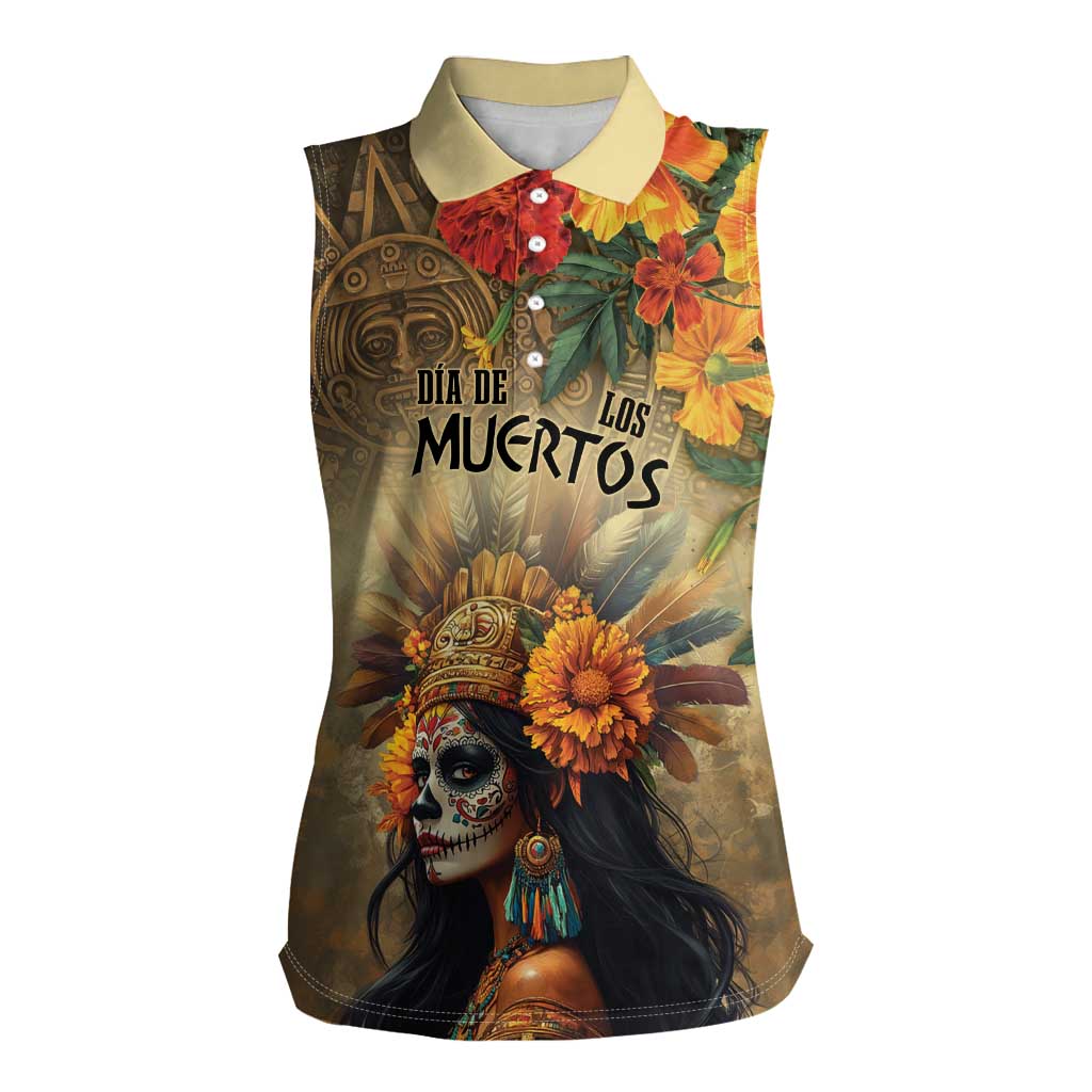 Dia de Los Muertos Mexico Women Sleeveless Polo Shirt Aztec Goddess Mictecacihuatl - Wonder Print Shop