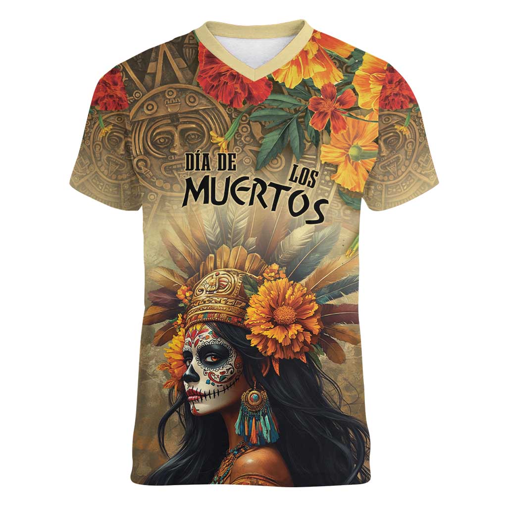 Dia de Los Muertos Mexico Women V-Neck T-Shirt Aztec Goddess Mictecacihuatl - Wonder Print Shop