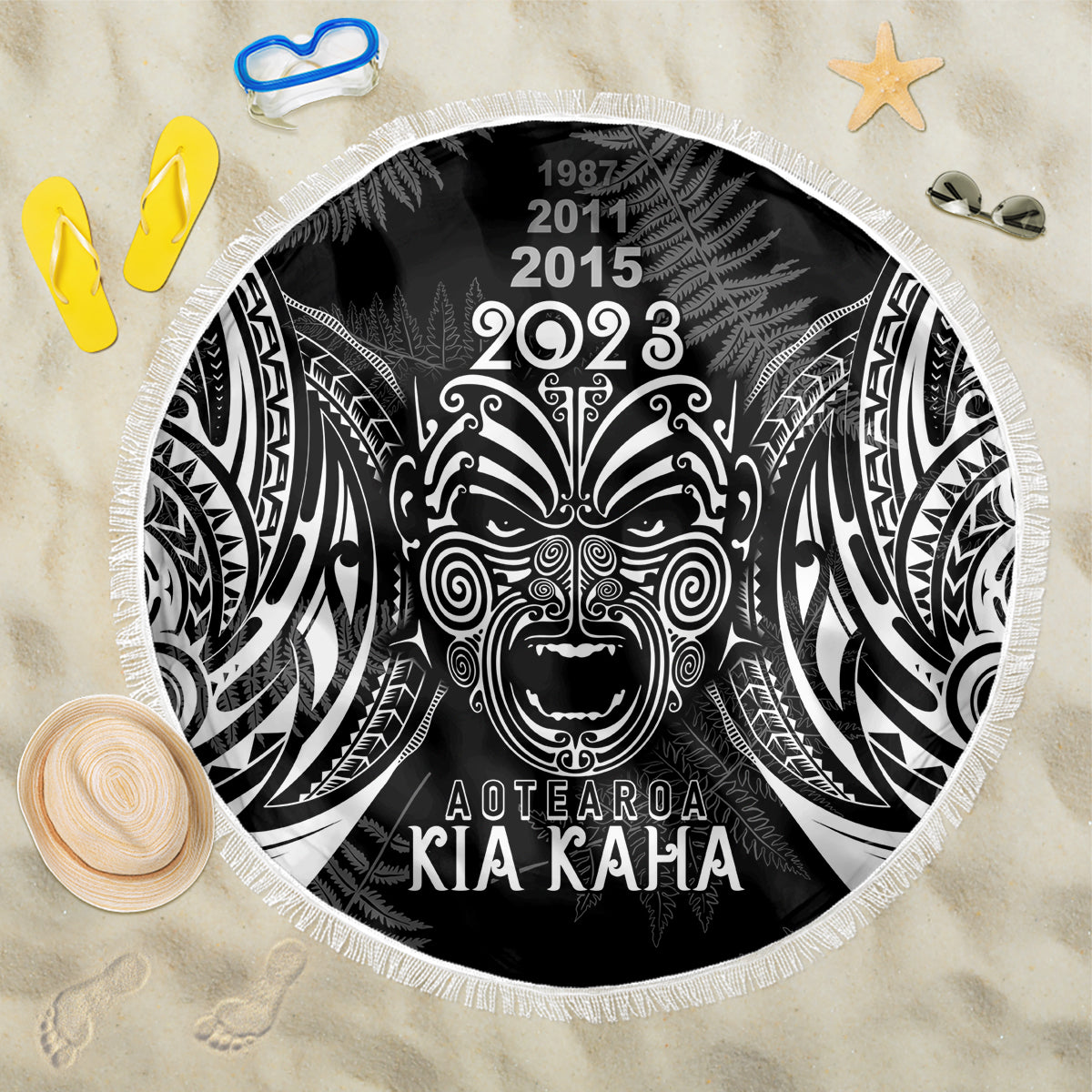 Custom New Zealand Rugby Beach Blanket 2023 World Cup Aotearoa Haka Face LT7 - Wonder Print Shop