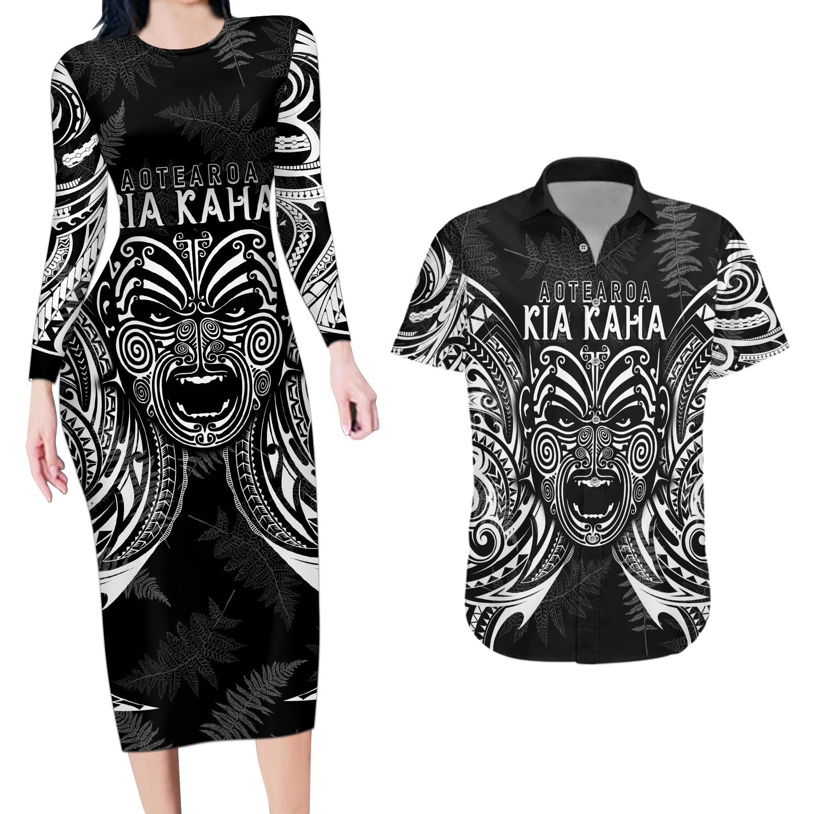 Custom New Zealand Rugby Couples Matching Long Sleeve Bodycon Dress and Hawaiian Shirt 2023 World Cup Aotearoa Haka Face LT7 - Wonder Print Shop