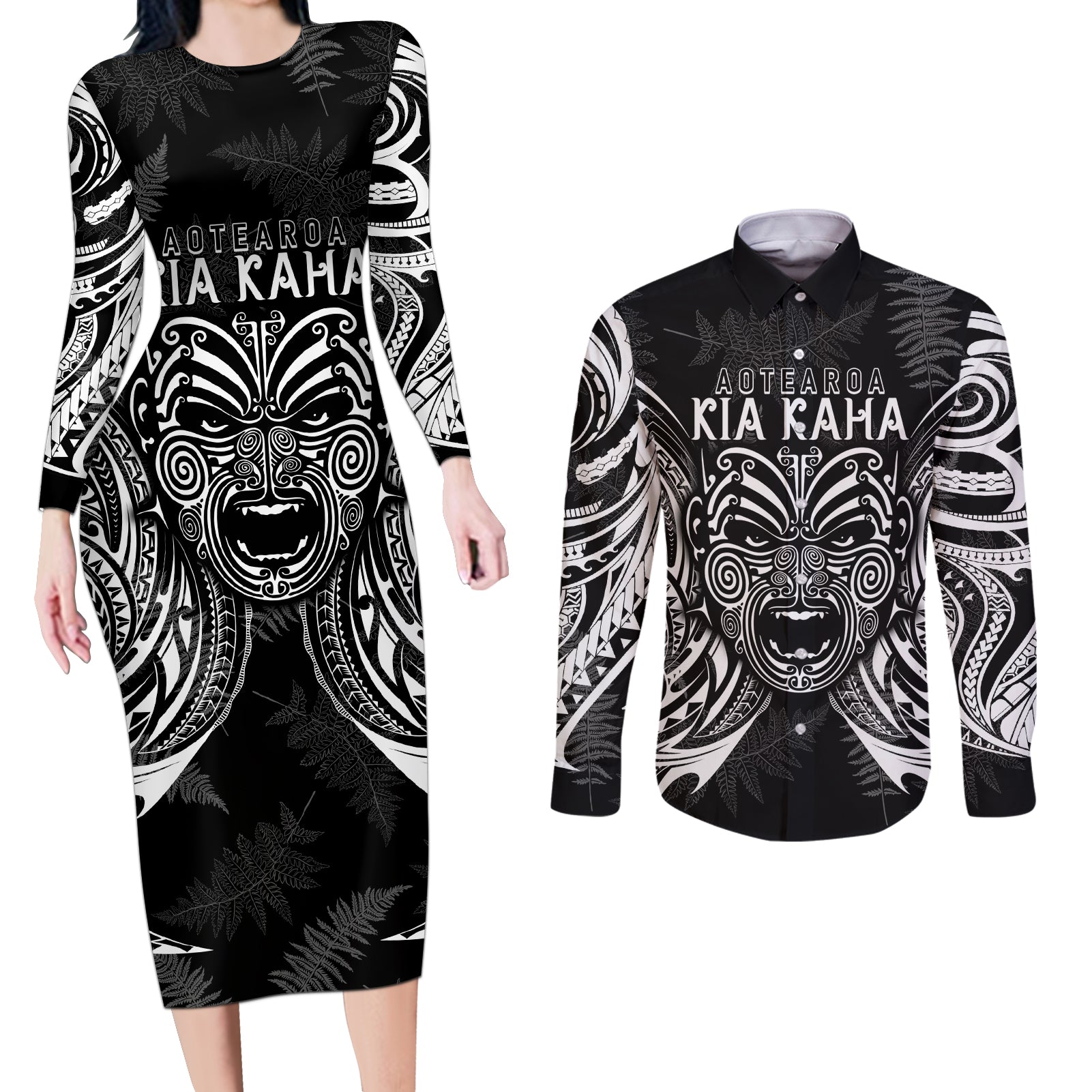 Custom New Zealand Rugby Couples Matching Long Sleeve Bodycon Dress and Long Sleeve Button Shirt 2023 World Cup Aotearoa Haka Face LT7 - Wonder Print Shop