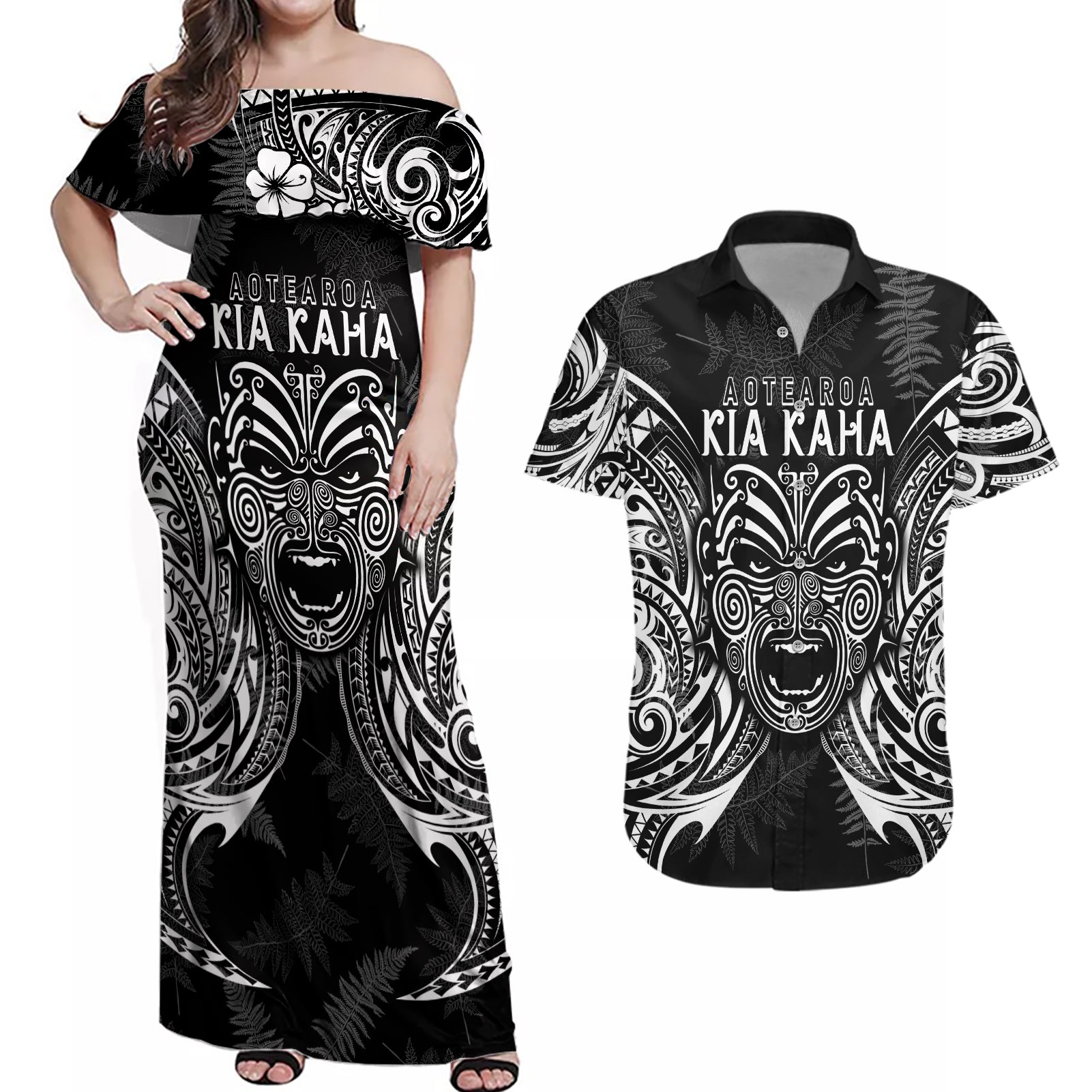 Custom New Zealand Rugby Couples Matching Off Shoulder Maxi Dress and Hawaiian Shirt 2023 World Cup Aotearoa Haka Face LT7 - Wonder Print Shop