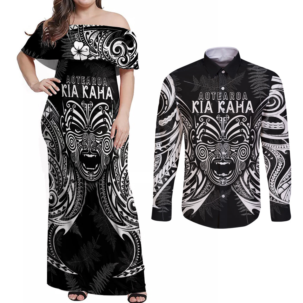 Custom New Zealand Rugby Couples Matching Off Shoulder Maxi Dress and Long Sleeve Button Shirt 2023 World Cup Aotearoa Haka Face LT7 - Wonder Print Shop