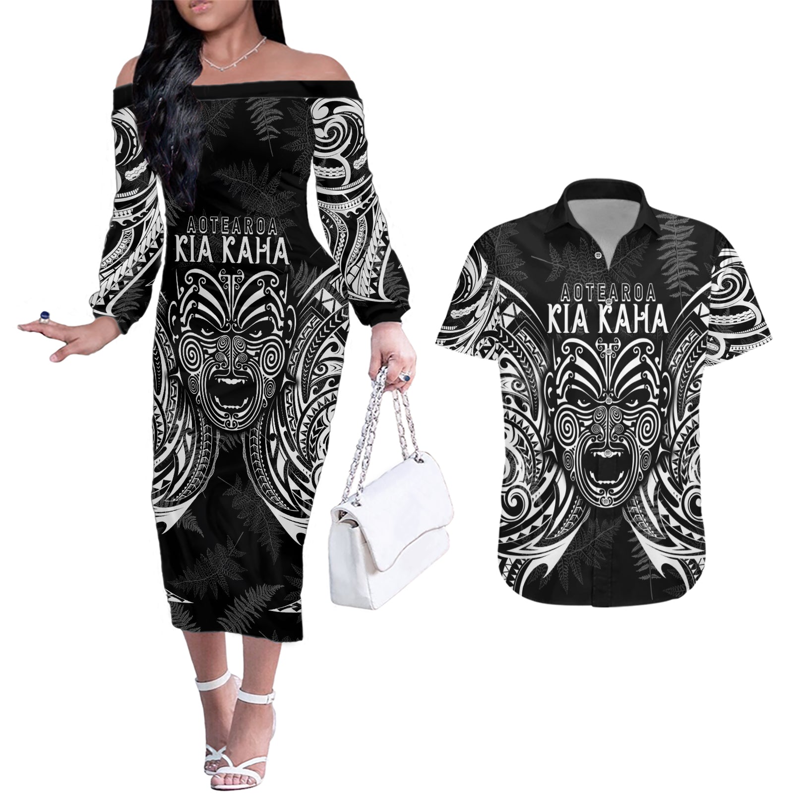 Custom New Zealand Rugby Couples Matching Off The Shoulder Long Sleeve Dress and Hawaiian Shirt 2023 World Cup Aotearoa Haka Face LT7 - Wonder Print Shop