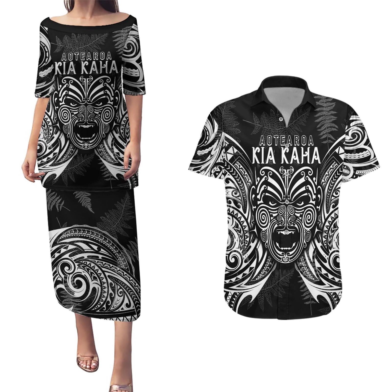 Custom New Zealand Rugby Couples Matching Puletasi Dress and Hawaiian Shirt 2023 World Cup Aotearoa Haka Face LT7 - Wonder Print Shop