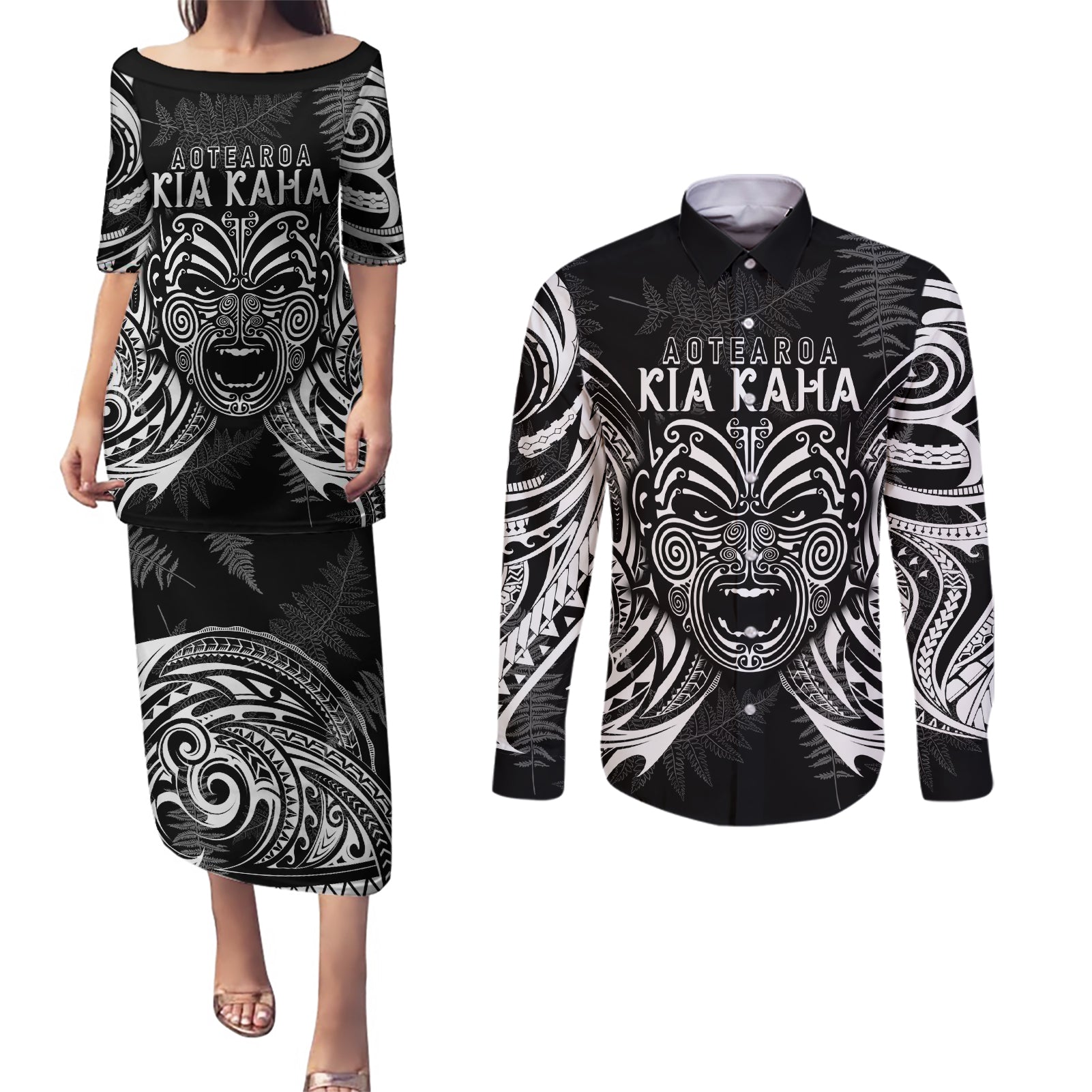 Custom New Zealand Rugby Couples Matching Puletasi Dress and Long Sleeve Button Shirt 2023 World Cup Aotearoa Haka Face LT7 - Wonder Print Shop