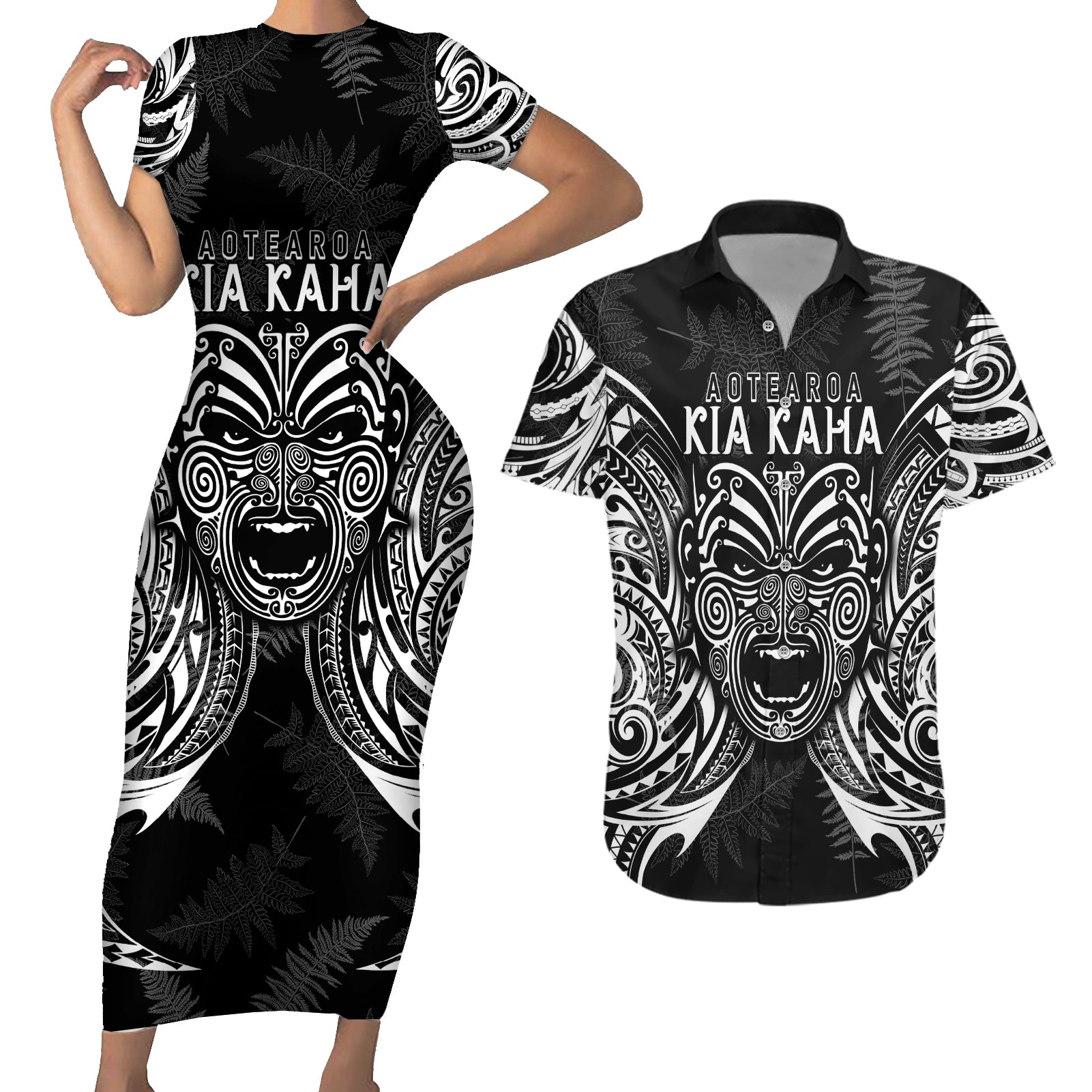 Custom New Zealand Rugby Couples Matching Short Sleeve Bodycon Dress and Hawaiian Shirt 2023 World Cup Aotearoa Haka Face LT7 - Wonder Print Shop