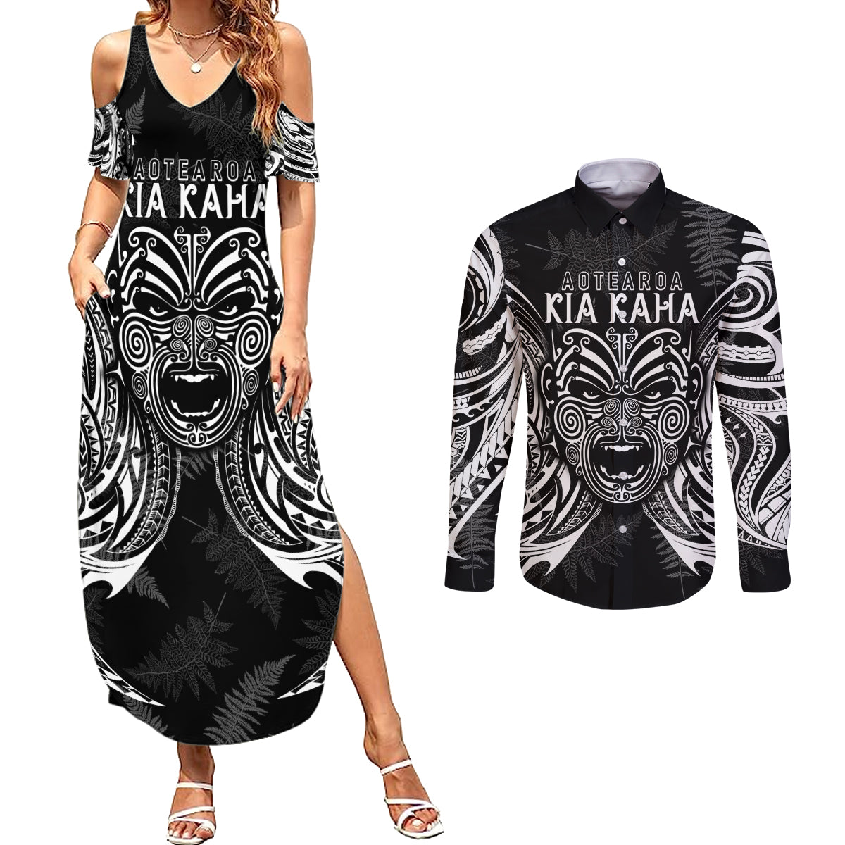 Custom New Zealand Rugby Couples Matching Summer Maxi Dress and Long Sleeve Button Shirt 2023 World Cup Aotearoa Haka Face LT7 - Wonder Print Shop