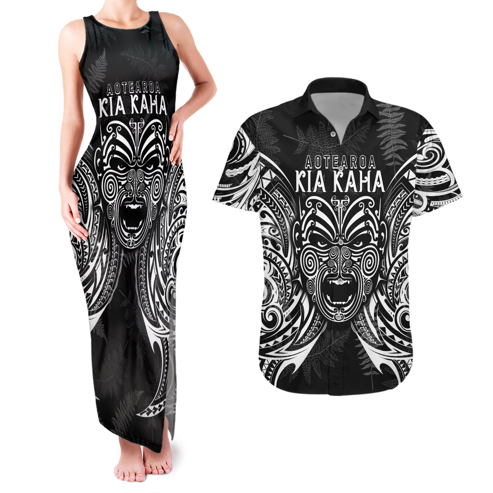 Custom New Zealand Rugby Couples Matching Tank Maxi Dress and Hawaiian Shirt 2023 World Cup Aotearoa Haka Face LT7 - Wonder Print Shop