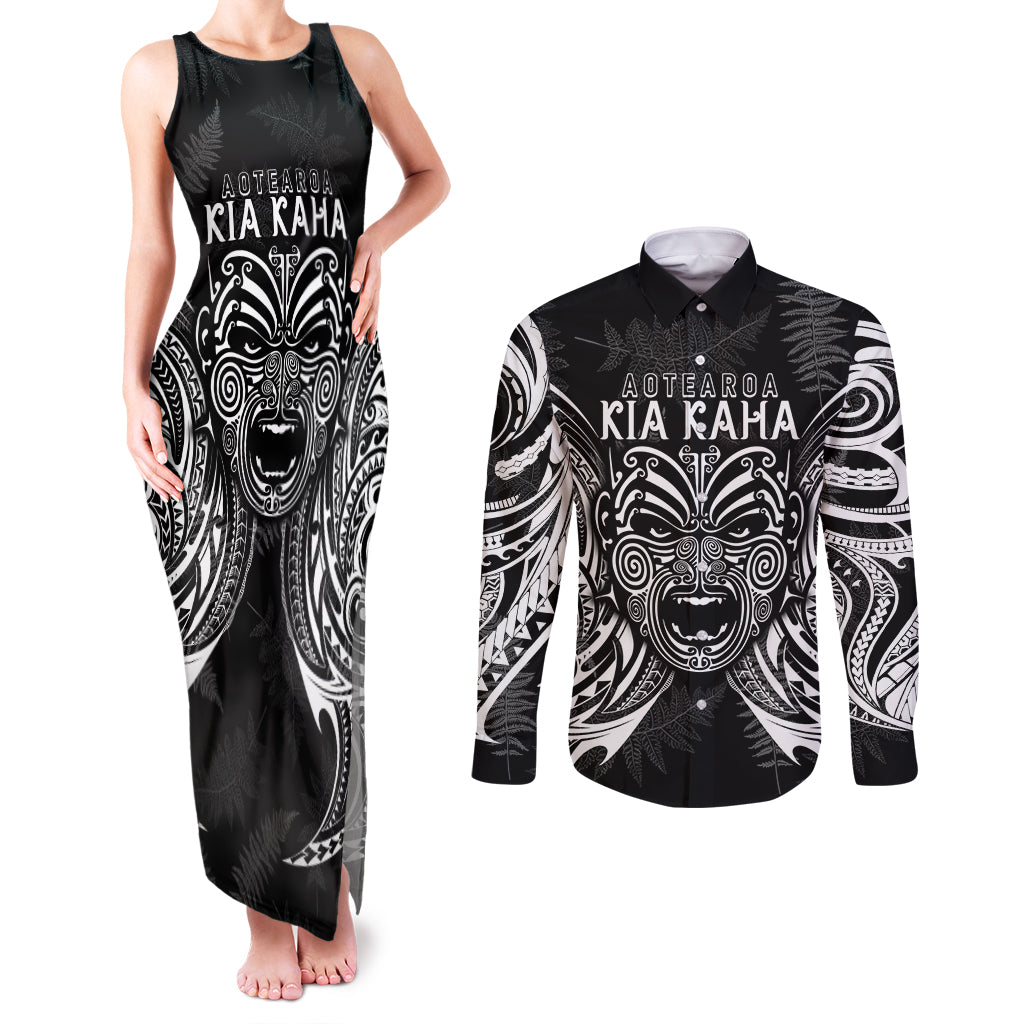 Custom New Zealand Rugby Couples Matching Tank Maxi Dress and Long Sleeve Button Shirt 2023 World Cup Aotearoa Haka Face LT7 - Wonder Print Shop