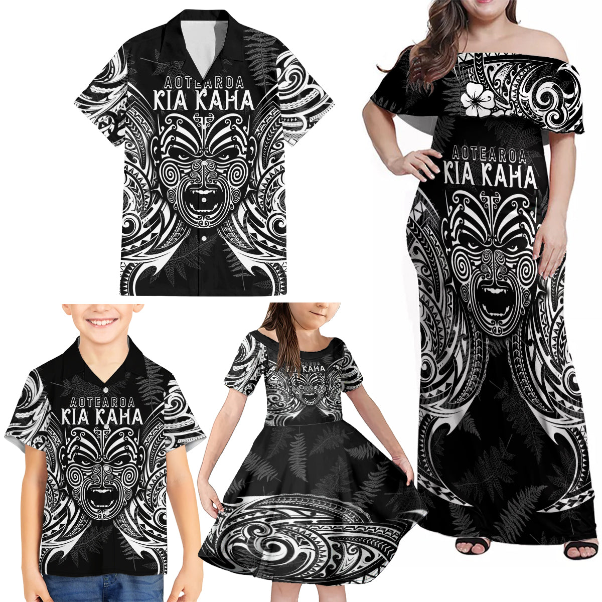 Custom New Zealand Rugby Family Matching Off Shoulder Maxi Dress and Hawaiian Shirt 2023 World Cup Aotearoa Haka Face LT7 - Wonder Print Shop