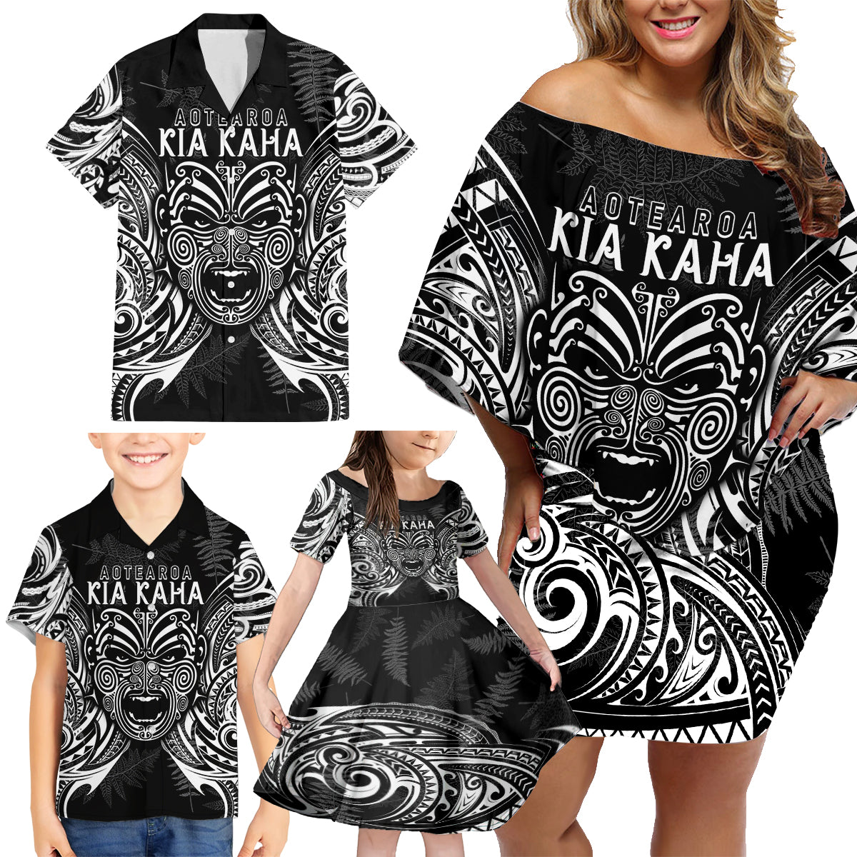 Custom New Zealand Rugby Family Matching Off Shoulder Short Dress and Hawaiian Shirt 2023 World Cup Aotearoa Haka Face LT7 - Wonder Print Shop