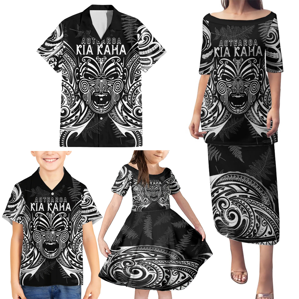 Custom New Zealand Rugby Family Matching Puletasi Dress and Hawaiian Shirt 2023 World Cup Aotearoa Haka Face - Wonder Print Shop