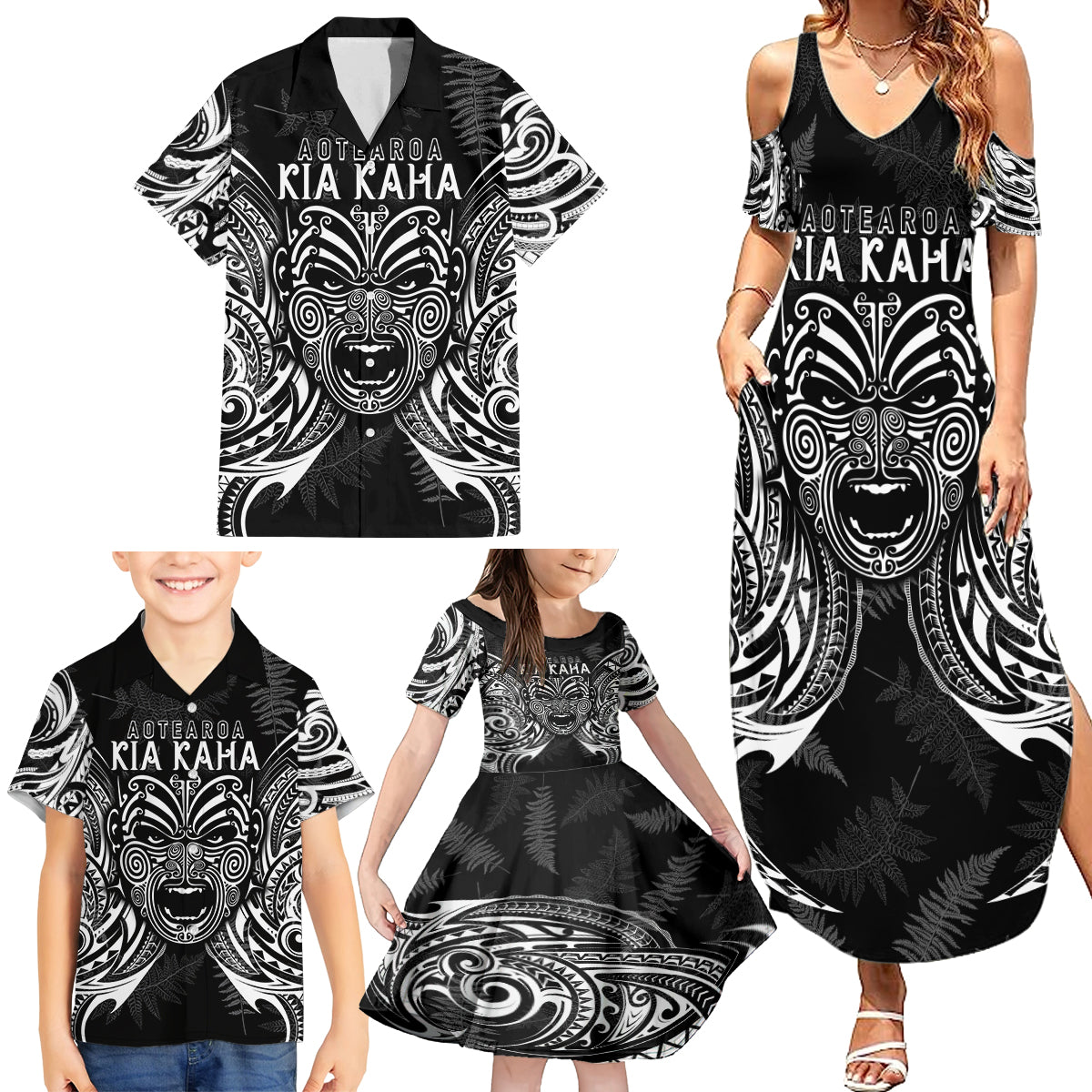 Custom New Zealand Rugby Family Matching Summer Maxi Dress and Hawaiian Shirt 2023 World Cup Aotearoa Haka Face - Wonder Print Shop