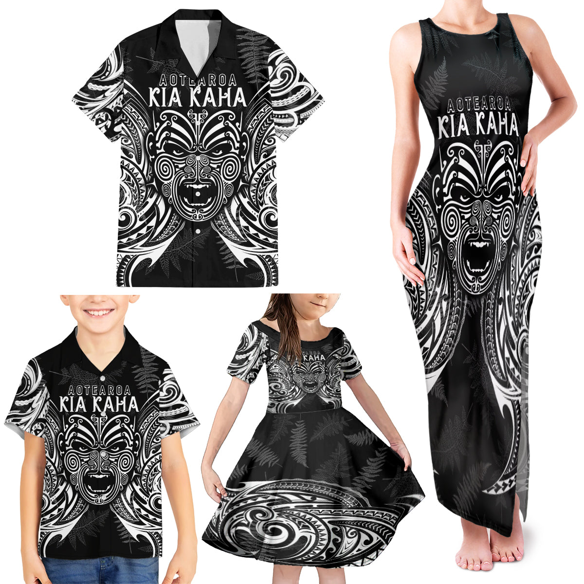 Custom New Zealand Rugby Family Matching Tank Maxi Dress and Hawaiian Shirt 2023 World Cup Aotearoa Haka Face - Wonder Print Shop