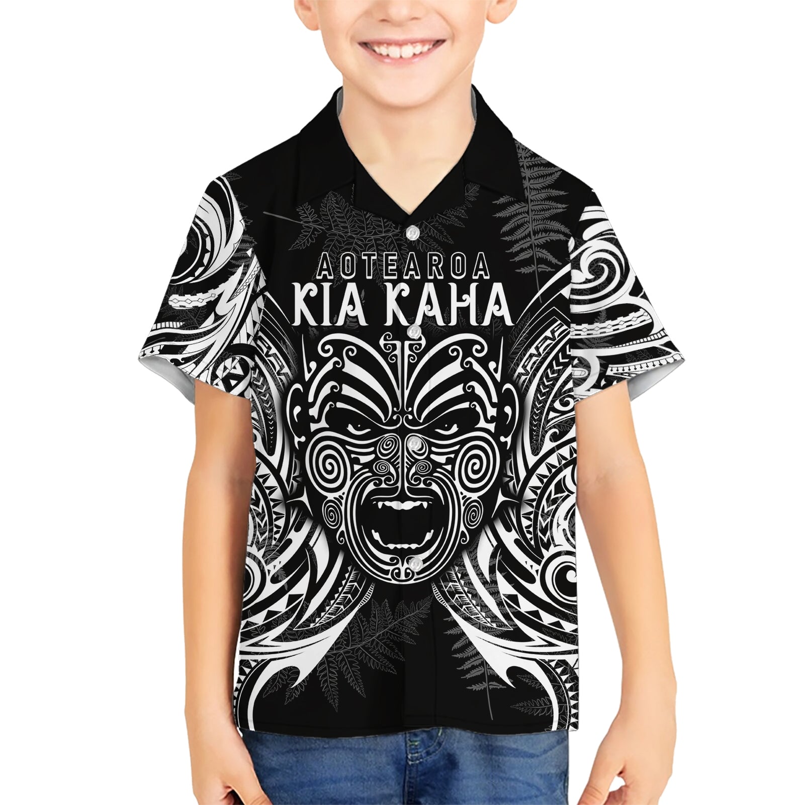 Custom New Zealand Rugby Kid Hawaiian Shirt 2023 World Cup Aotearoa Haka Face - Wonder Print Shop