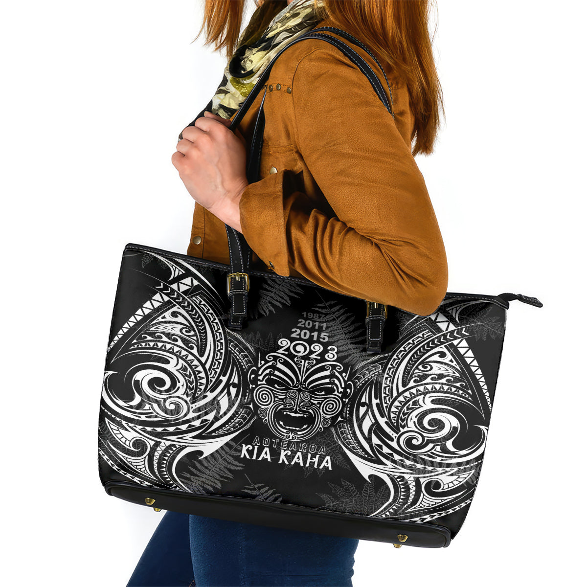 Custom New Zealand Rugby Leather Tote Bag 2023 World Cup Aotearoa Haka Face - Wonder Print Shop