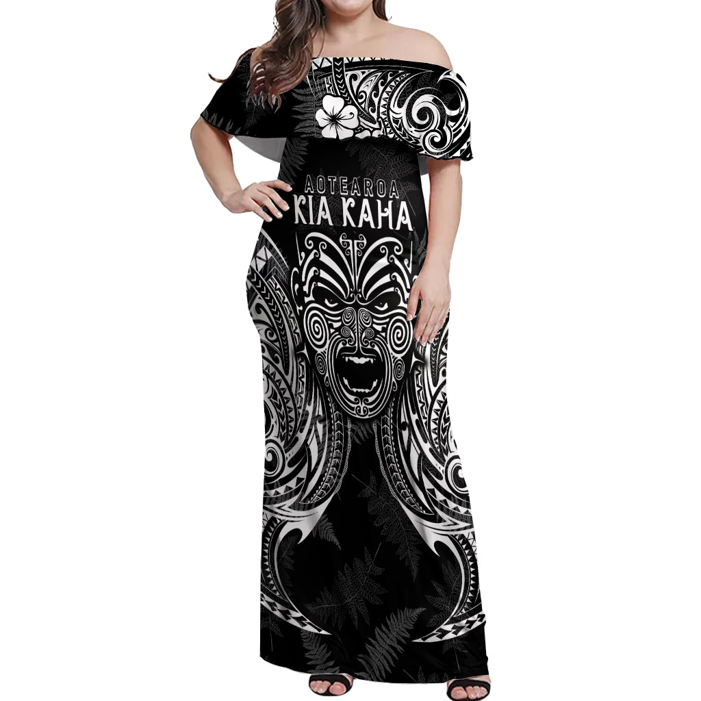 Custom New Zealand Rugby Off Shoulder Maxi Dress 2023 World Cup Aotearoa Haka Face - Wonder Print Shop