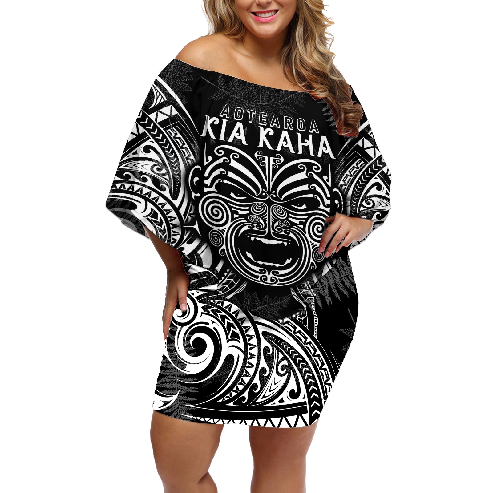 Custom New Zealand Rugby Off Shoulder Short Dress 2023 World Cup Aotearoa Haka Face - Wonder Print Shop