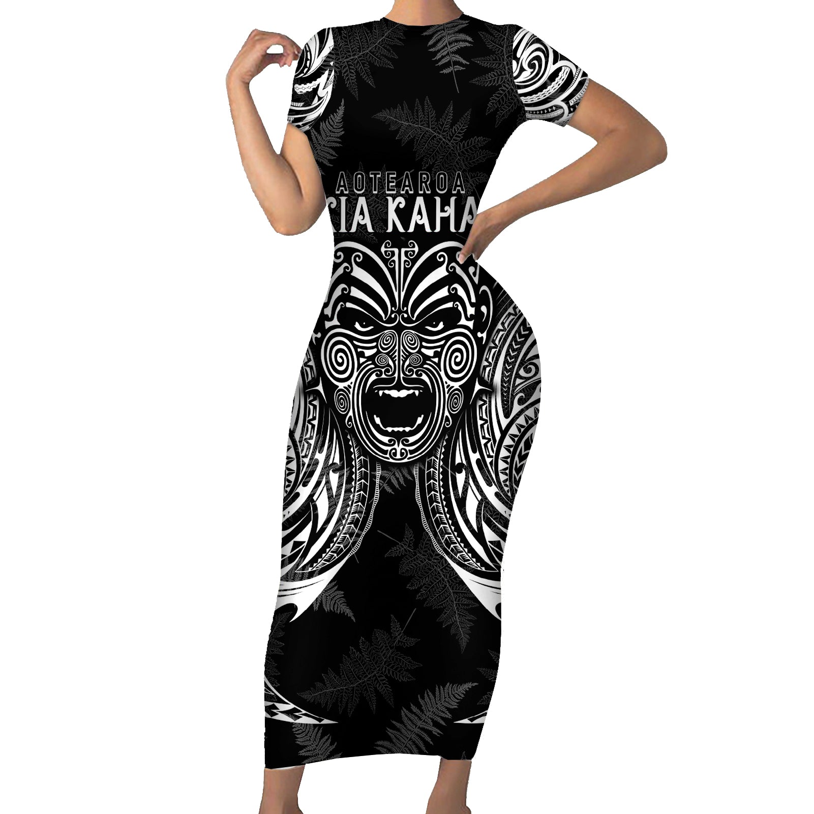 Custom New Zealand Rugby Short Sleeve Bodycon Dress 2023 World Cup Aotearoa Haka Face - Wonder Print Shop