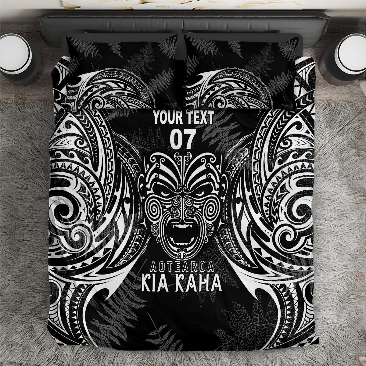 Black duvet cover with ornate face graphic and 'YOUR TEXT 07' print