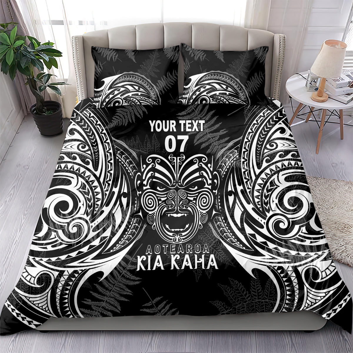 Black bedding set with two pillow shams, tribal swirls, center text 'YOUR TEXT 07'