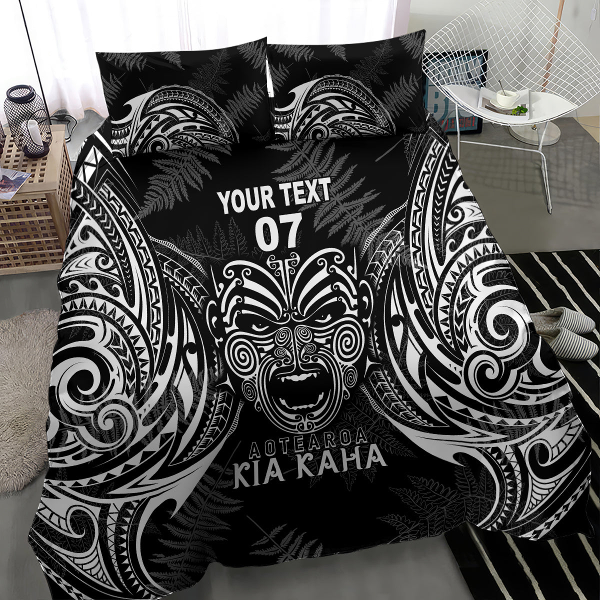 Black duvet and pillow shams with detailed tribal patterns and 'Aotearoa Kia Kaha' text