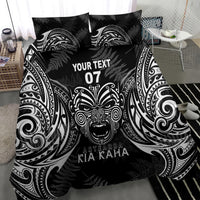 Black duvet and pillow shams with detailed tribal patterns and 'Aotearoa Kia Kaha' text