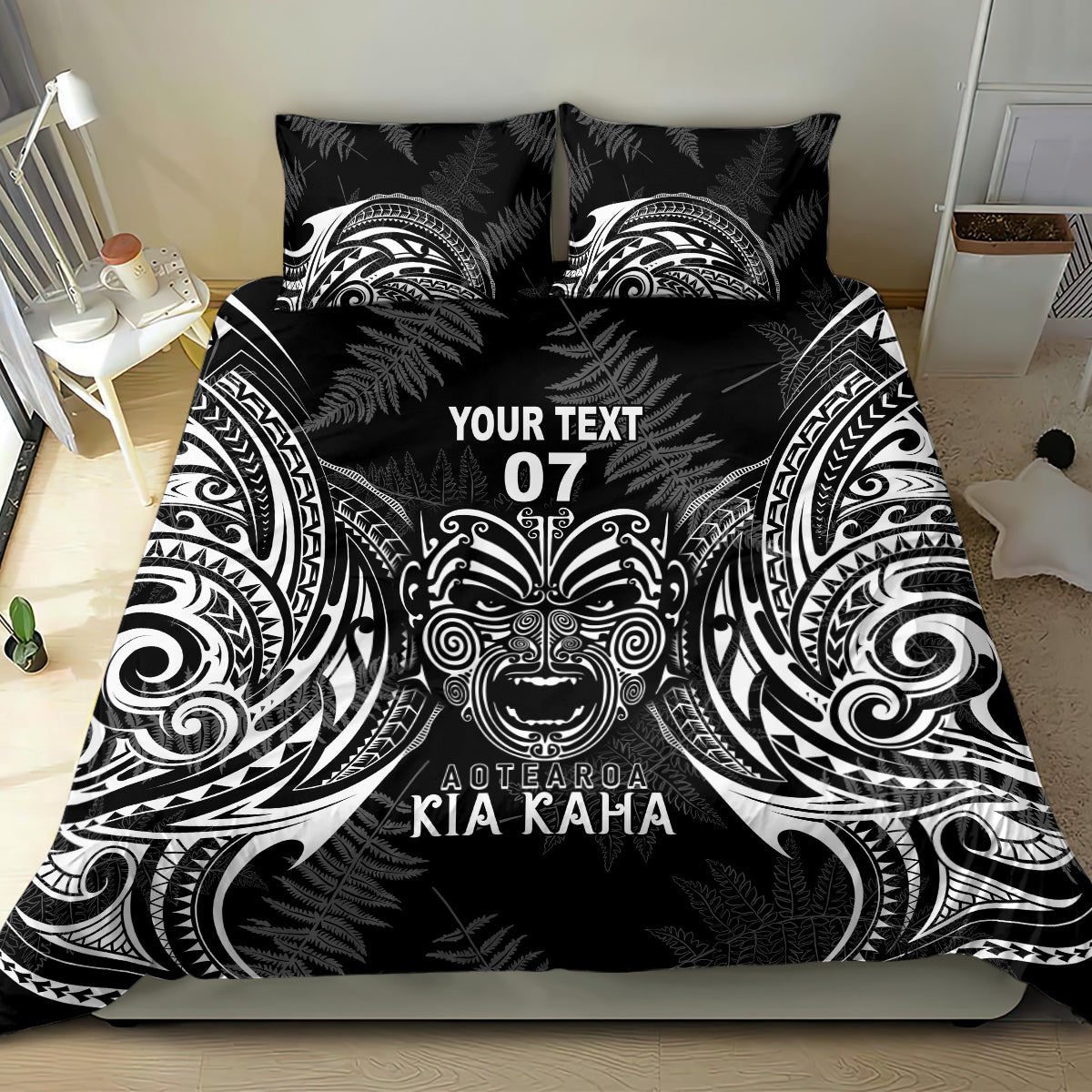 Black bedding set with matching pillow shams, bold tribal artwork and 'YOUR TEXT 07'