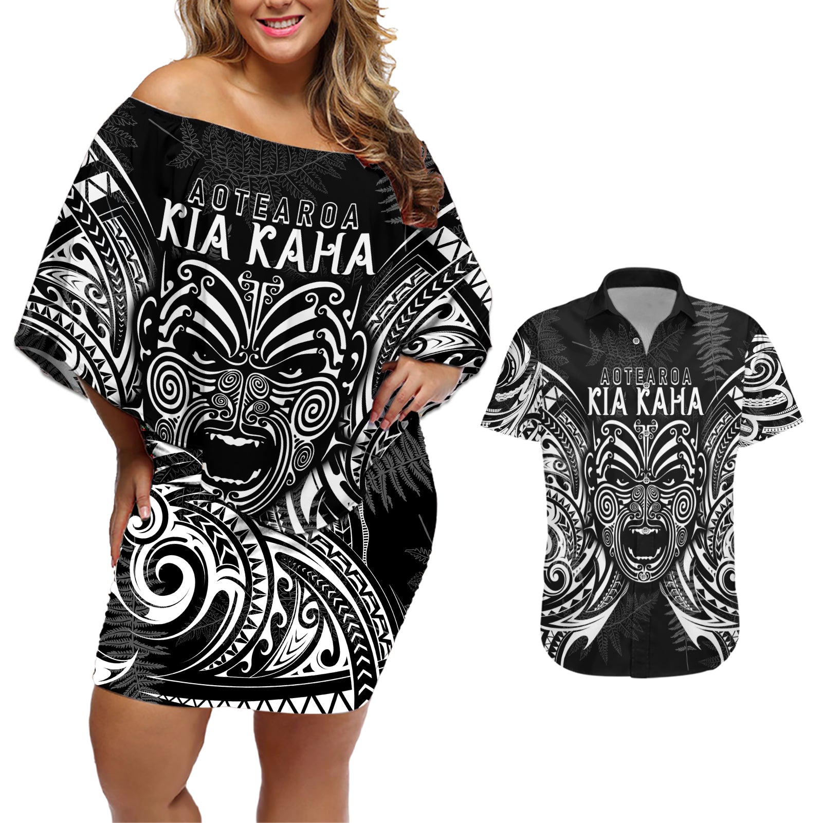 New Zealand Rugby Couples Matching Off Shoulder Short Dress and Hawaiian Shirt 2023 World Cup Aotearoa Create History LT7 - Wonder Print Shop