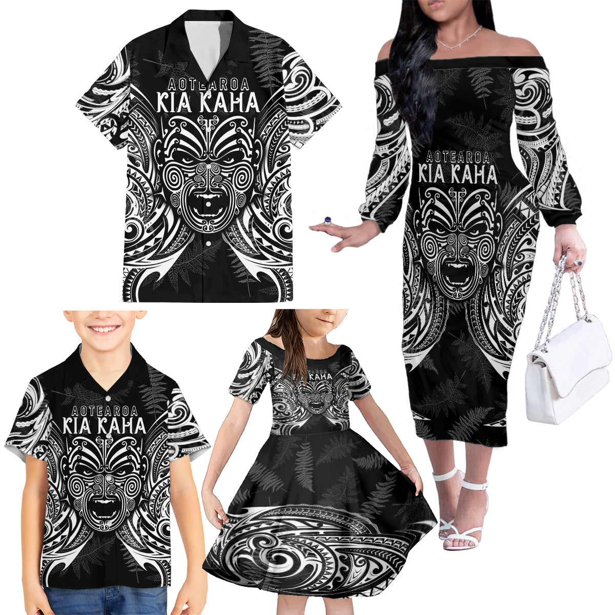 New Zealand Rugby Family Matching Off Shoulder Long Sleeve Dress and Hawaiian Shirt 2023 World Cup Aotearoa Create History - Wonder Print Shop