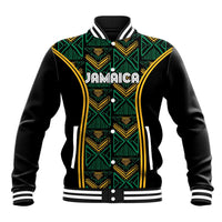 Unisex black baseball jacket with green-and-gold geometric front, snap button placket