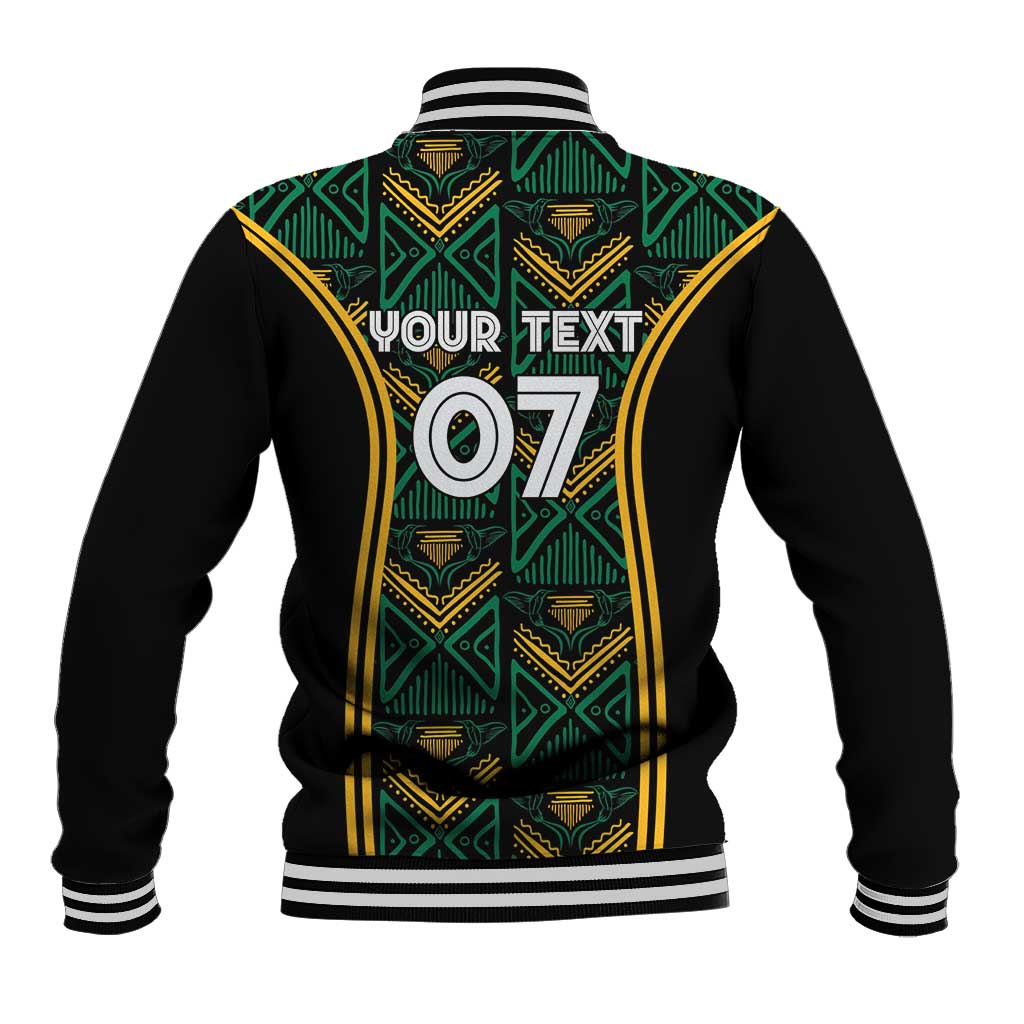 Unisex black baseball jacket back with green-and-gold pattern, 'YOUR TEXT' and 07 print