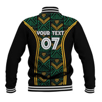 Unisex black baseball jacket back with green-and-gold pattern, 'YOUR TEXT' and 07 print