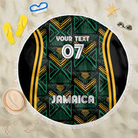 Round beach blanket with white fringe, black-green Jamaican motif, “YOUR TEXT 07”