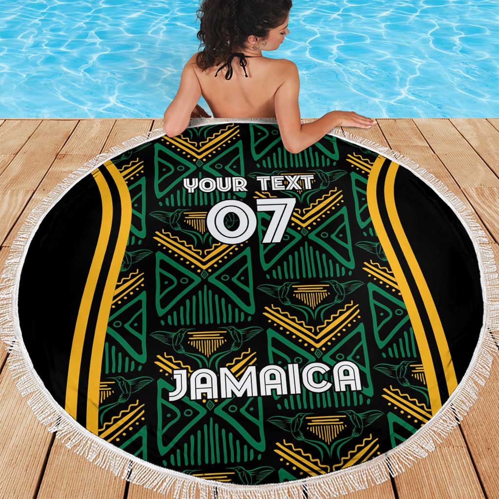 Round beach blanket with white fringe, circular Jamaican graphic with “YOUR TEXT 07”