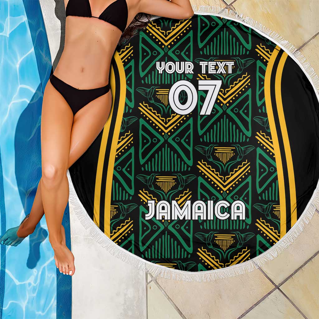 Round beach blanket with white fringe, green-and-gold Jamaican pattern with “YOUR TEXT 07”