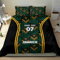 Black bedding set with teal geometric design, yellow side stripes, 'Jamaica' and '07'