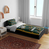 Black bedding set with teal geometric motifs and yellow trim; 'Jamaica' and '07'