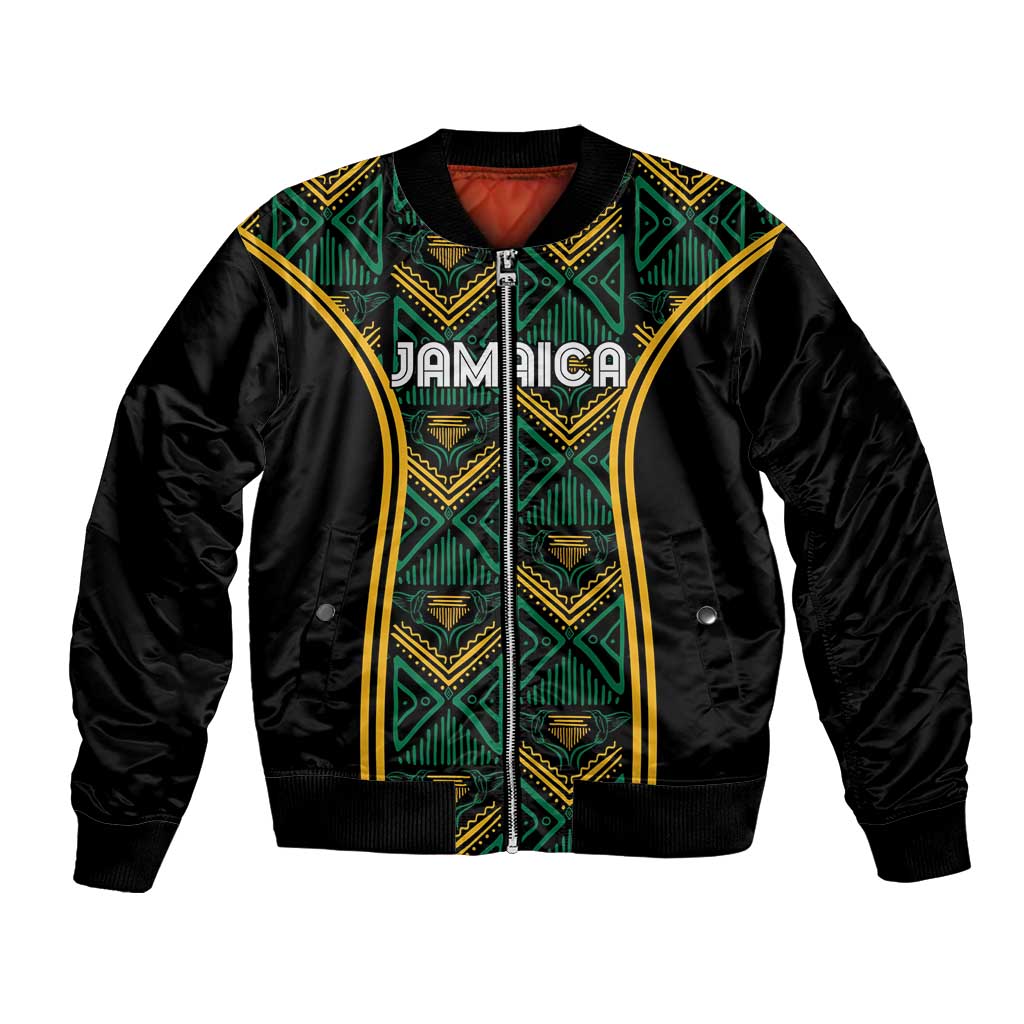 Black bomber jacket with green and gold ethnic motif panels, front zip, ribbed hem