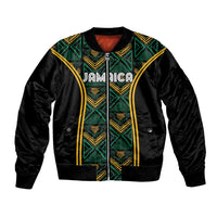 Black bomber jacket with green and gold ethnic motif panels, front zip, ribbed hem