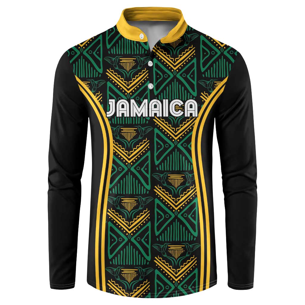Black long-sleeve button sweatshirt, yellow-green geometric pattern with Jamaica print